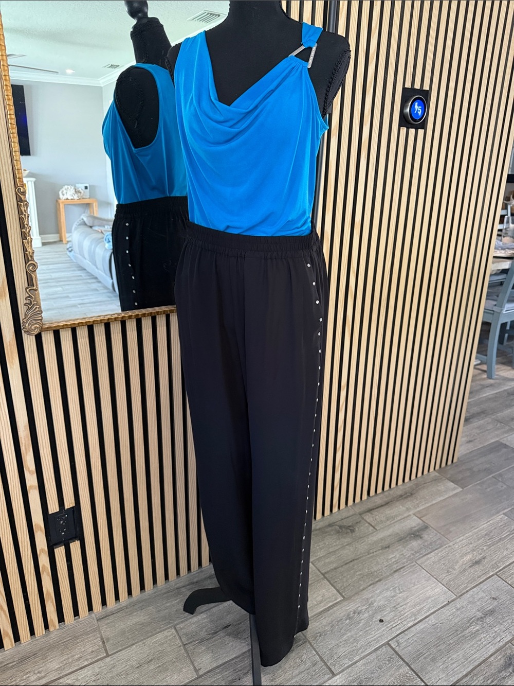 Black Wide-Leg Pants with Stud Side Detail
